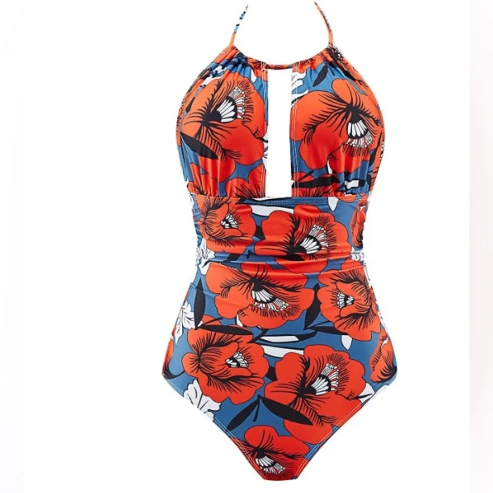 2BPrity Women's Blue & Red Floral Halter One Piece Swimsuit Size Medium (10) - Picture 6 of 10